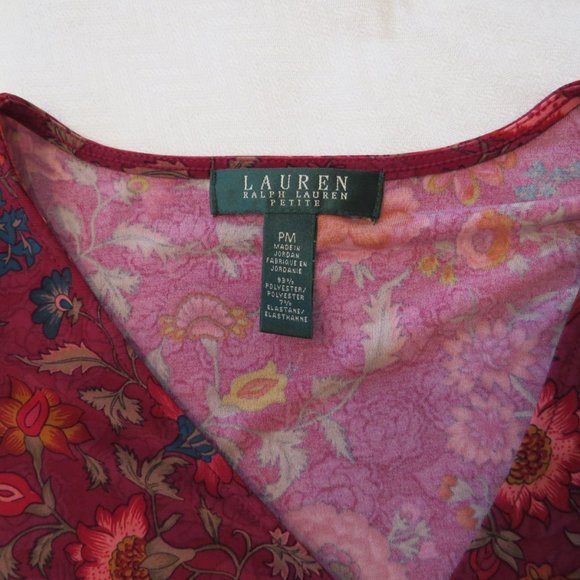 LAUREN Petites Size PM Ruched Burgundy/Pink Floral Pencil Dress - Picture 2 of 5